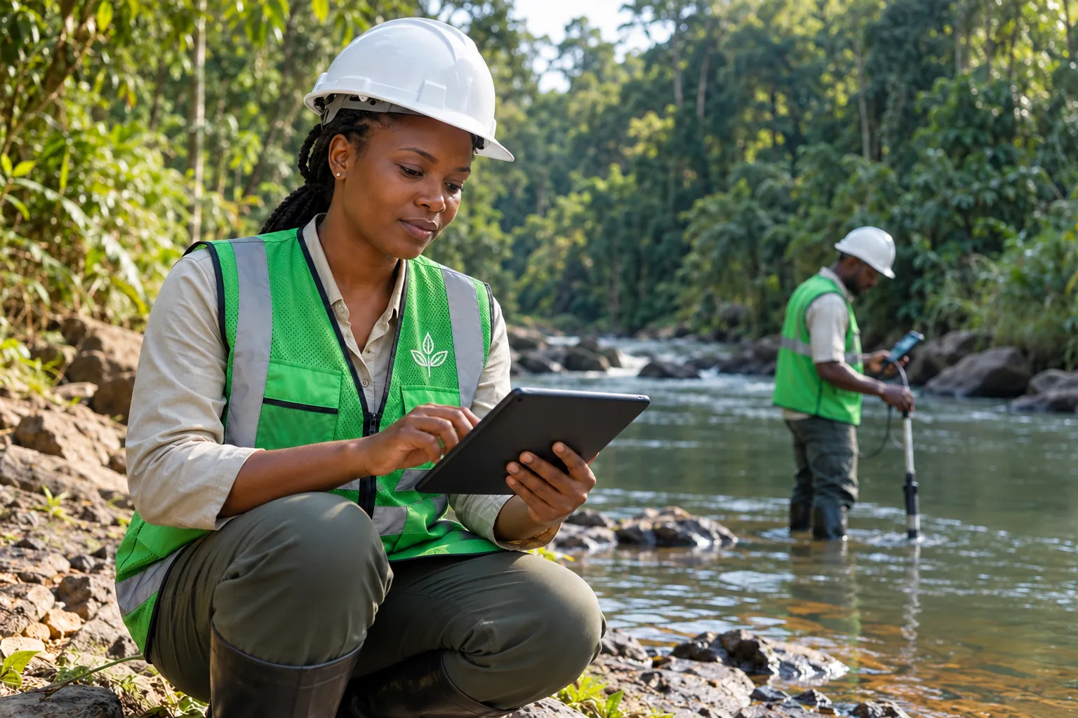 Ingénieure d’Expertise Durable analysant un cours d’eau